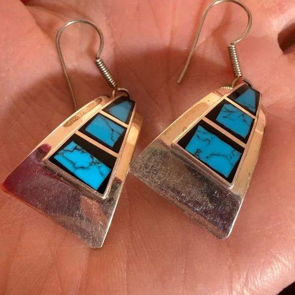 Taxco Vintage sterling silver turquoise southwestern oversized earrings - Picture 10 of 17